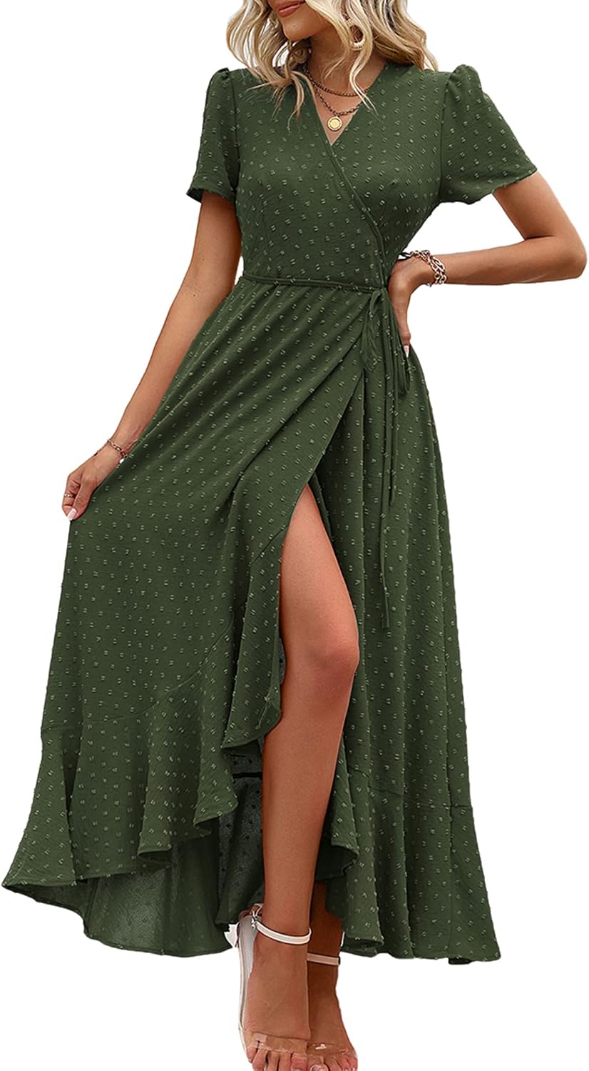 PRETTYGARDEN Women's Boho Floral Summer Maxi Dresses | Short Sleeve Wrap V Neck, Long Flowy Sundress, Spring Wedding Guest Party Outfits, Ruffle Beach Vacation Dress, Resort Wear