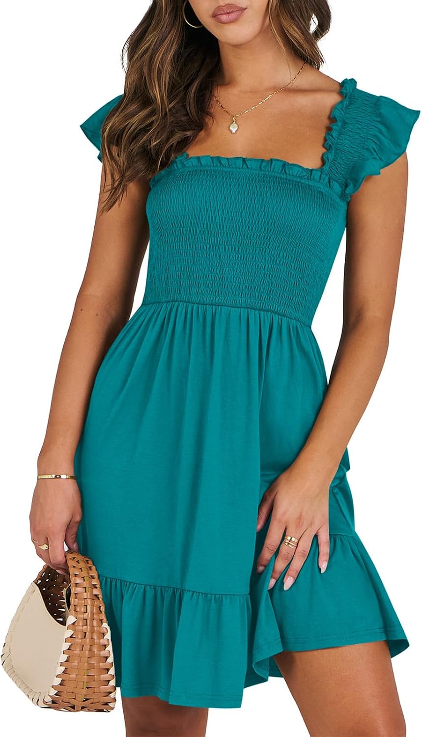ANRABESS Womens Casual Summer Dress Boho Smocked Beach Cute Teen Sundress | Ruffle Backless Square Neck Sleeveless Short Dress, Slim Fit Tiered Floral Mini Dresses for Everyday, 2026 Vacation Outfits