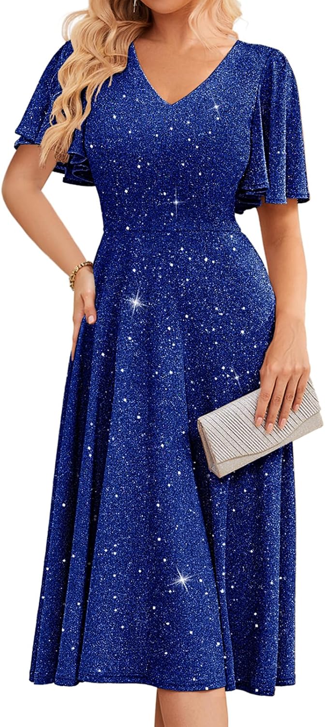 Bridesmay Women's Formal Wedding Guest Dress for Women 2026 Short Sleeve Fit and Flare Tea Party Dresses
