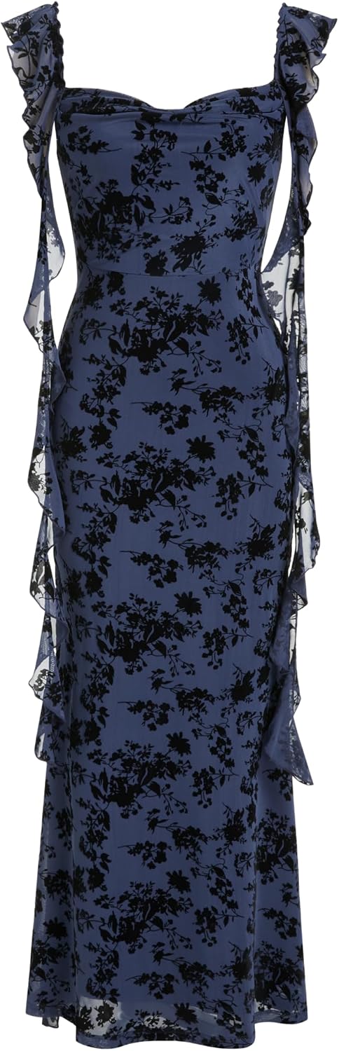 CIDER Women's Wedding Guest Dress Sleeveless Mesh Ruffle Maxi Formal Dress | Stretchy Tie Back, Summer Fall Wedding, Baby Shower, Cocktail, Vacation, Bodycon Elegant Outfits
