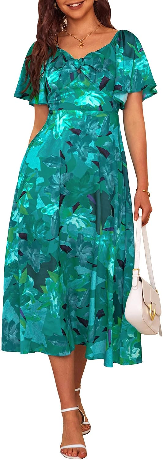Fashionme 2026 Maxi Dress Women Satin Elegant Floral Tie Front Cap Sleeve | Summer Elegant Smocked Dress,Deep V Neck,Casual Sun Dress,Wedding Guest Graduation Vacation Beach Tea Party, XS-3XL