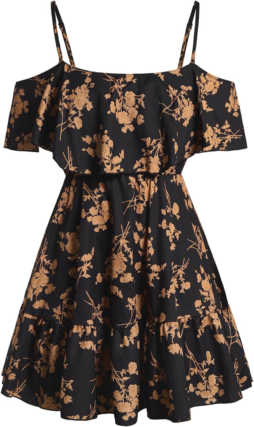 SOLY HUX Women's Summer Floral Mini Dress Cold Shoulder Ruffle Dresses | Boho, Short Sleeve, A Line, Vacation, Sundress