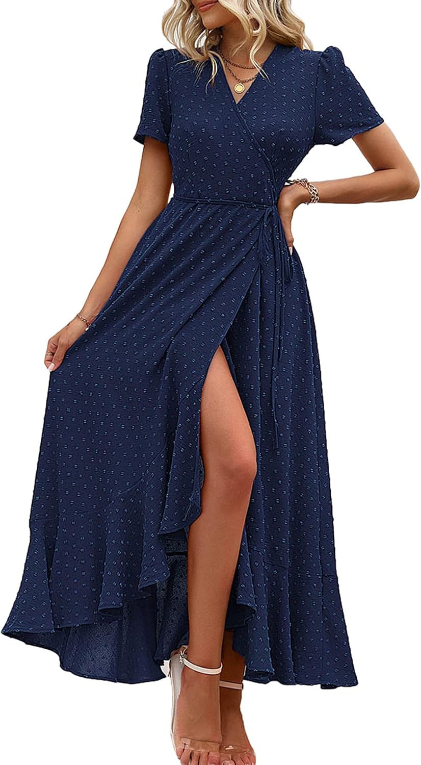 PRETTYGARDEN Women's Boho Floral Summer Maxi Dresses | Short Sleeve Wrap V Neck, Long Flowy Sundress, Spring Wedding Guest Party Outfits, Ruffle Beach Vacation Dress, Resort Wear