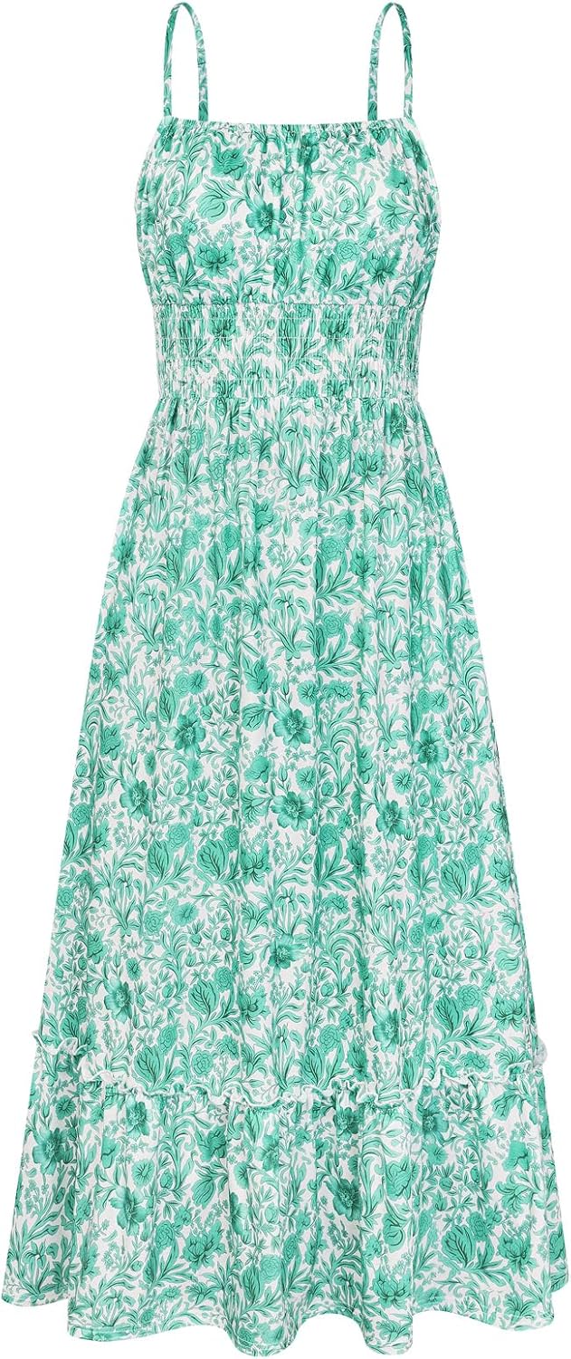 GRACE KARIN Summer Dresses for Women 2026 Vacation Boho Maxi Sundress | Casual, Smocked Waist, Floral Printed, Spaghetti Strap, Sleeveless, Beach Dresses With Pockets, Fashion Outfits
