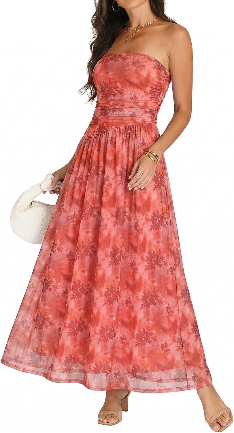 OULESIS Floral Wedding Guest Dresses for Women Mesh Long Flowy Formal Dress | Summer Floral Wedding Guest Maxi Dress for Women Strapless Tube Long Dresses Mesh Flowy Vacation Cocktail Dresses