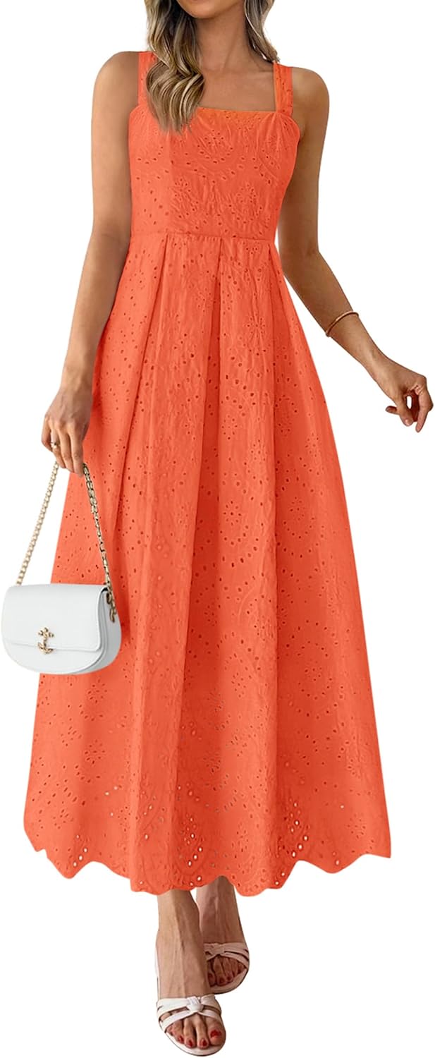 PRETTYGARDEN Womens Sleeveless Eyelet Summer Dresses Pockets | Hollow Out Embroidered Cotton,Adjustable Straps,Square Neck Ruffle Maxi Dress,Smocked back,Flowy Beach Vacation Sundress