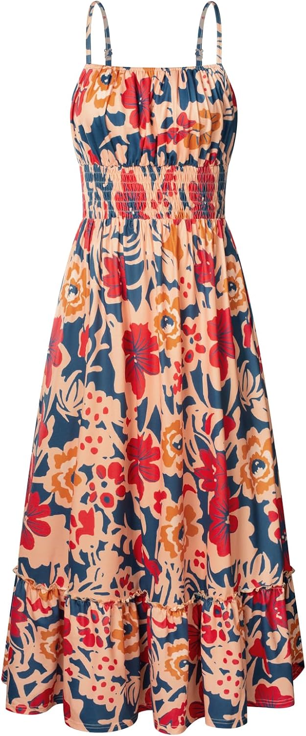 GRACE KARIN Summer Dresses for Women 2026 Vacation Boho Maxi Sundress | Casual, Smocked Waist, Floral Printed, Spaghetti Strap, Sleeveless, Beach Dresses With Pockets, Fashion Outfits