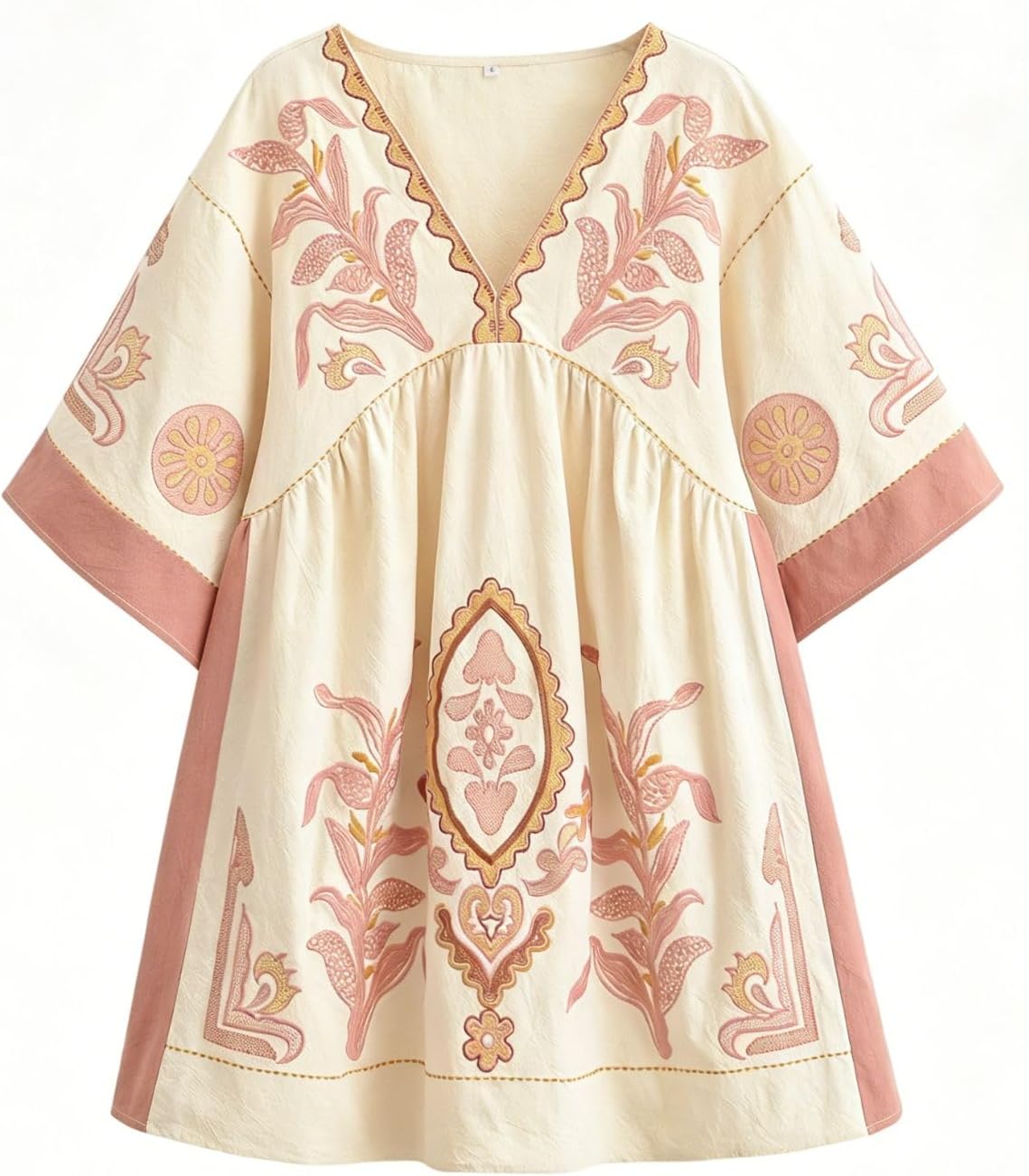 Joiemont Womens Oversized Embroidered Dress with V-Neck and 3\/4 Sleeves Vintage Embroidery Babydoll Dress