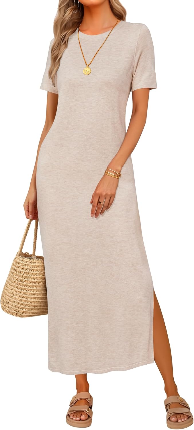 Arach&Cloz Women's Wool Blend Fall Business Casual T Shirts Maxi Dress | Soft Wool Blend, Medium Stretch & Thickness,Crew Neck short Sleeve Maxi Dress With side Slit fits,Casual And All Occasions