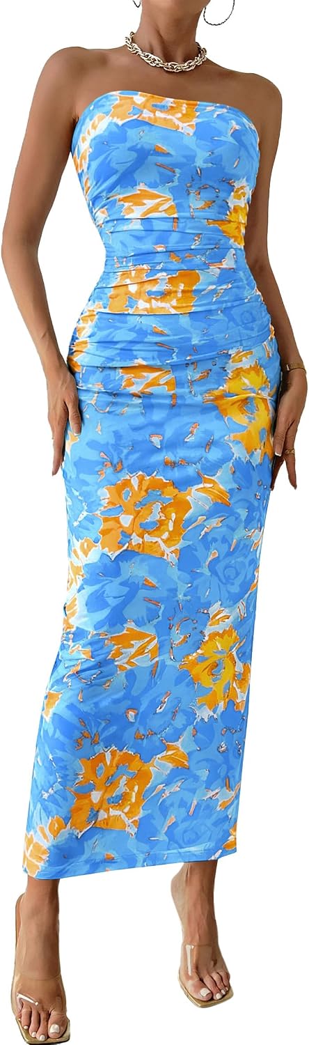 PRETTYGARDEN Women's Strapless Bodycon Floral Maxi Dress | Stretchy Lined Mesh, Long Tube Dresses, Ruched Slit, Spring Summer Y2K Outfits for Wedding, Date Night Party, Beach Vacation