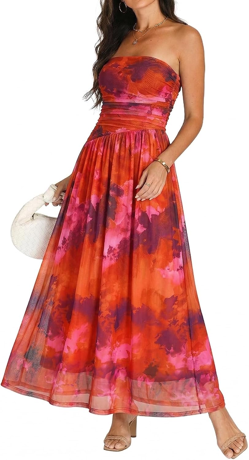 OULESIS Floral Wedding Guest Dresses for Women Mesh Long Flowy Formal Dress | Summer Floral Wedding Guest Maxi Dress for Women Strapless Tube Long Dresses Mesh Flowy Vacation Cocktail Dresses