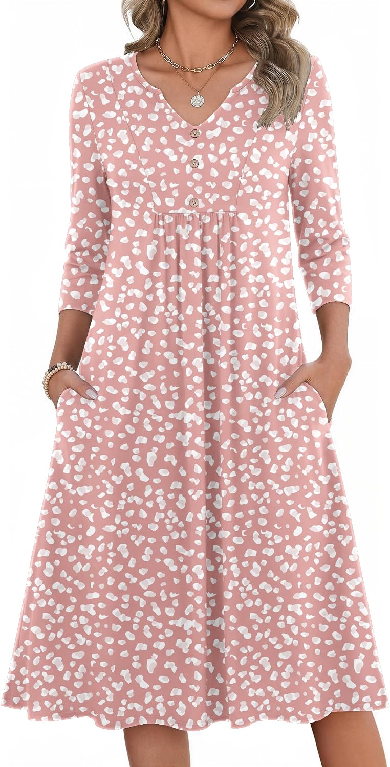 Zeagoo Womens Dresses 3\/4 Sleeve Casual Fall A Line Midi Dress with Pockets | V Neck Empire Waist Sundress, Button Decor, Floral, Boho, Solid Color, Loose Fit, Flowy, Vacation Sundresses