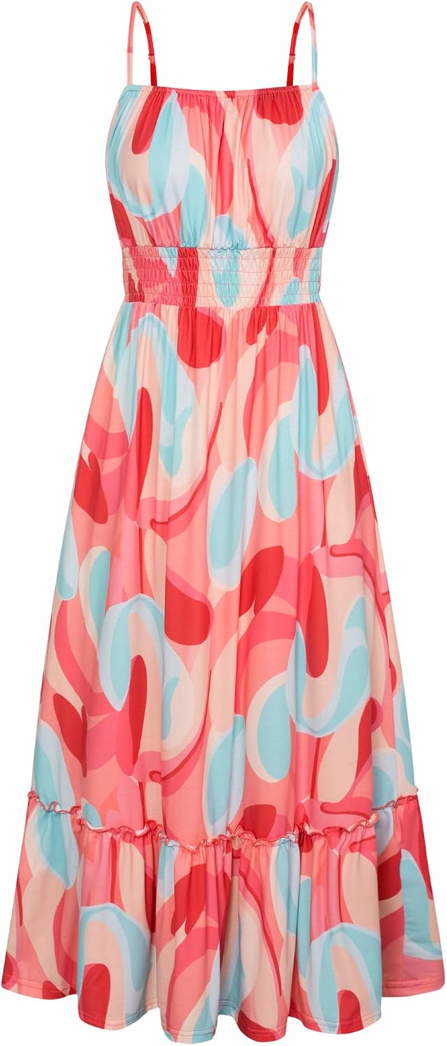 GRACE KARIN Summer Dresses for Women 2026 Vacation Boho Maxi Sundress | Casual, Smocked Waist, Floral Printed, Spaghetti Strap, Sleeveless, Beach Dresses With Pockets, Fashion Outfits