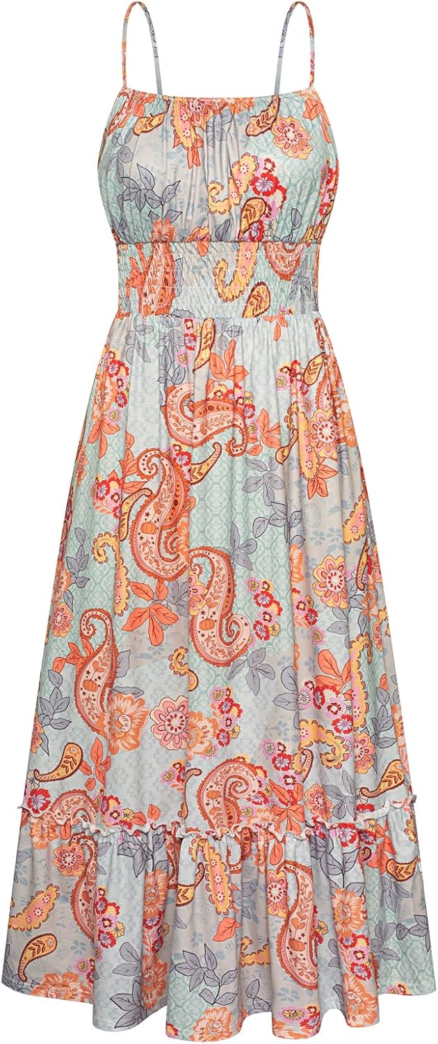 GRACE KARIN Summer Dresses for Women 2026 Vacation Boho Maxi Sundress | Casual, Smocked Waist, Floral Printed, Spaghetti Strap, Sleeveless, Beach Dresses With Pockets, Fashion Outfits
