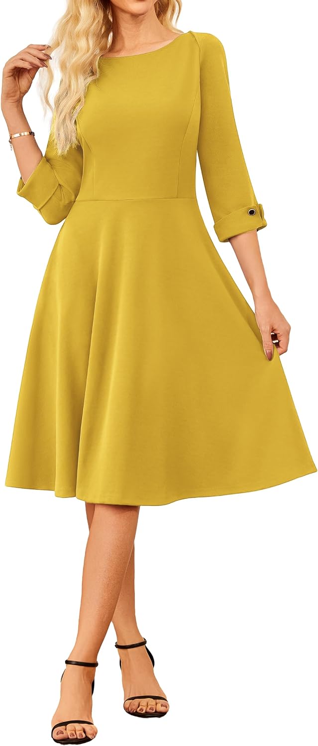 GRACE KARIN Work Dresses for Women Fit and Flare Midi Dress | Side Pockets,3\/4 Sleeve,Crew Neck A Line,2026 Business Classy Office Dresses, Church\/Work Graducation Outfits\/Professional