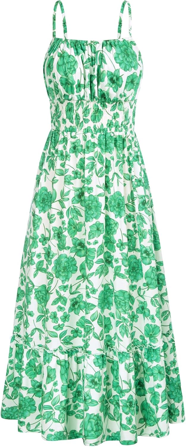 GRACE KARIN Summer Dresses for Women 2026 Vacation Boho Maxi Sundress | Casual, Smocked Waist, Floral Printed, Spaghetti Strap, Sleeveless, Beach Dresses With Pockets, Fashion Outfits