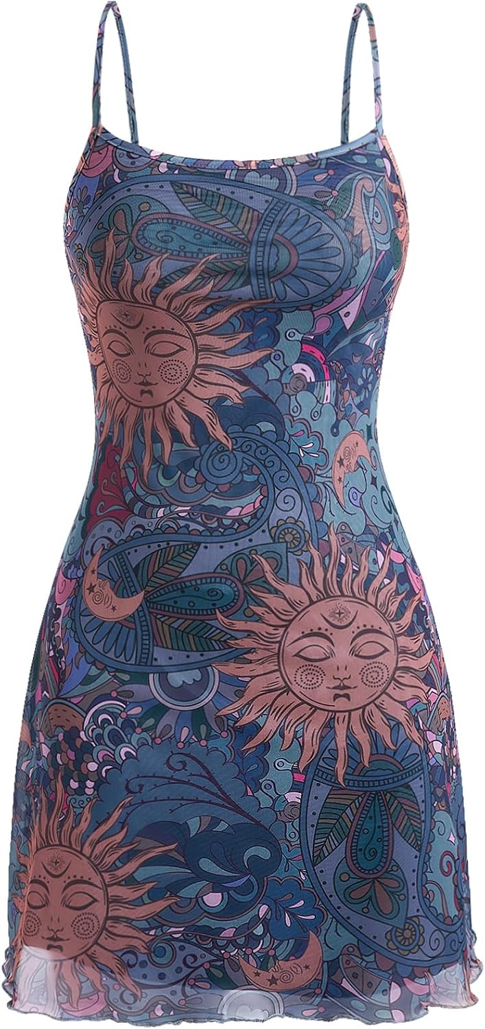 Milumia Women\u2018s Summer Mini Dress 90s Boho A Line Mesh Short Dresses | Spaghetti Strap,Sleeveless,Vintage,Paisley Print,Festival Outfits,Cowgirl,Y2k,Goth