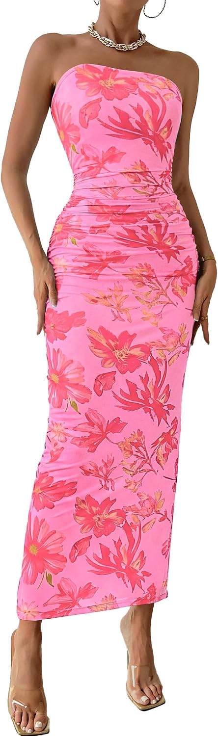 PRETTYGARDEN Women's Strapless Bodycon Floral Maxi Dress | Stretchy Lined Mesh, Long Tube Dresses, Ruched Slit, Spring Summer Y2K Outfits for Wedding, Date Night Party, Beach Vacation