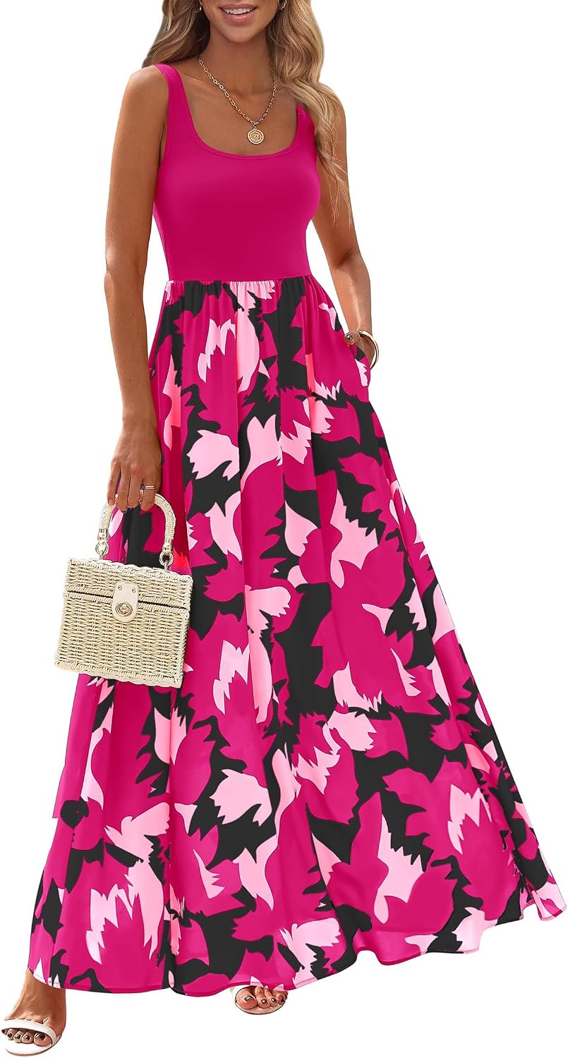 KIRUNDO Women's Summer Maxi Dress Boho Floral Long Sundress | Sleeveless Scoop Neck Tank, Flowy A Line, Bohemian Hawaiian Style Tropical Dresses Pockets, Beach Vacation Cruise Resort Wear