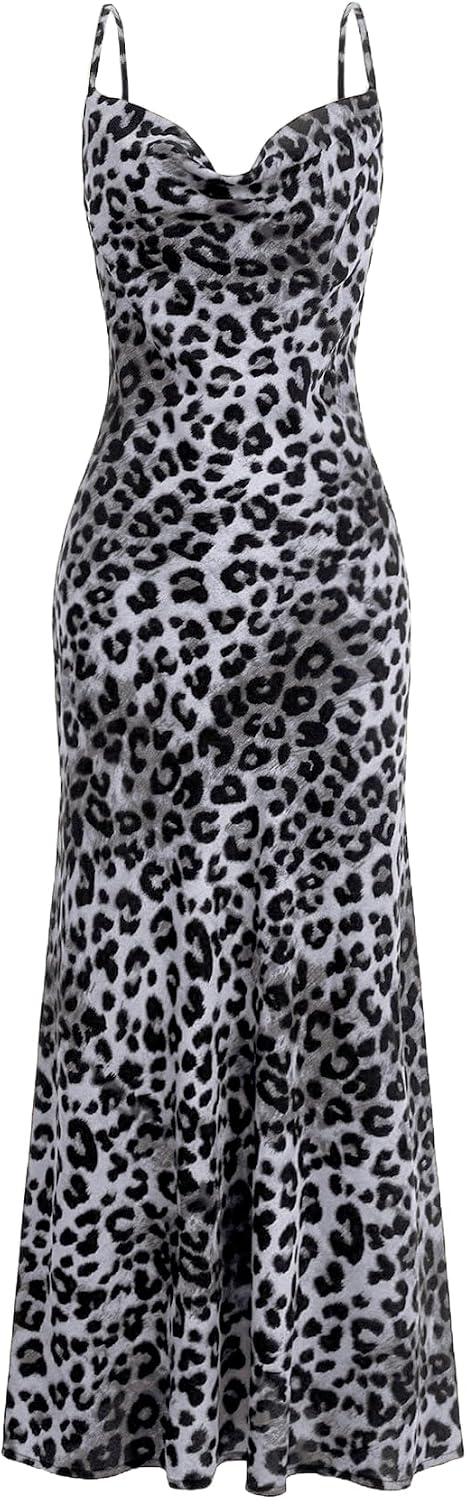 Floerns Women's Leopard Print Draped Collar Spaghetti Strap Cami Long Dress | Cheetah, Animal Print, Cowl Neck, Draped, Western, Concert, Going Out, Corset Maxi Dresses