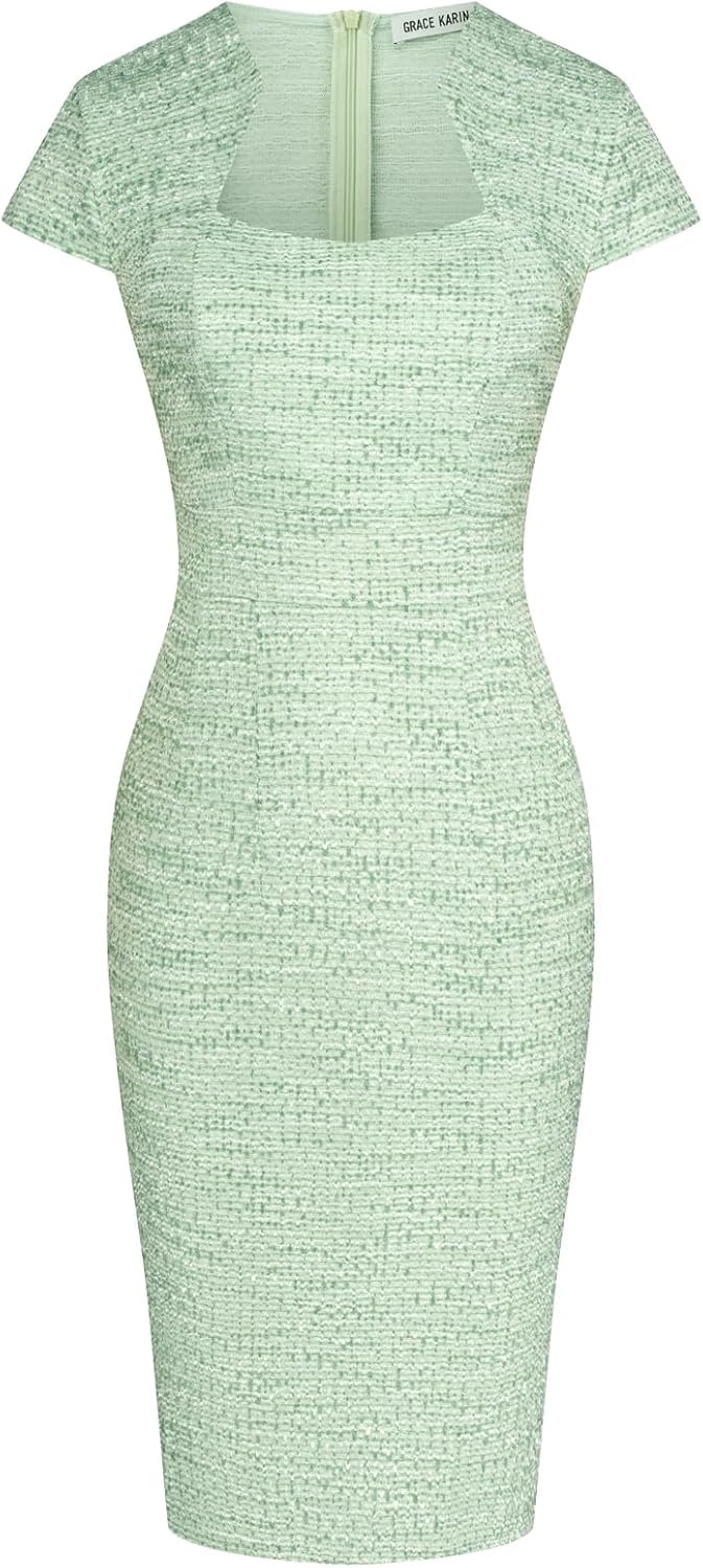 GRACE KARIN Work Dresses for Women Tweed Pencil Dress | Cap sleeve, Knee-length, Zipper back, Sweetheart neck, Stretch fabric, Formal office work business sheath dress