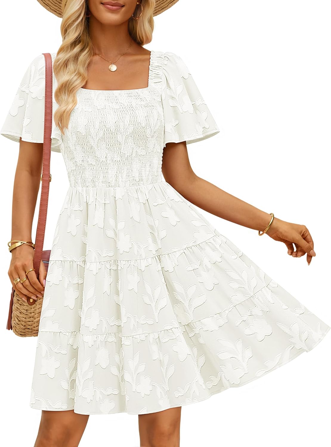 ZESICA Women's 2026 Summer Boho Floral Flowy Mini Dresses | Elegant Short Dress, Swing A Line Dress, Smocked Ruffle, Cute Sundress, Short Sleeve, Square Neck, Beach Vacation Dress