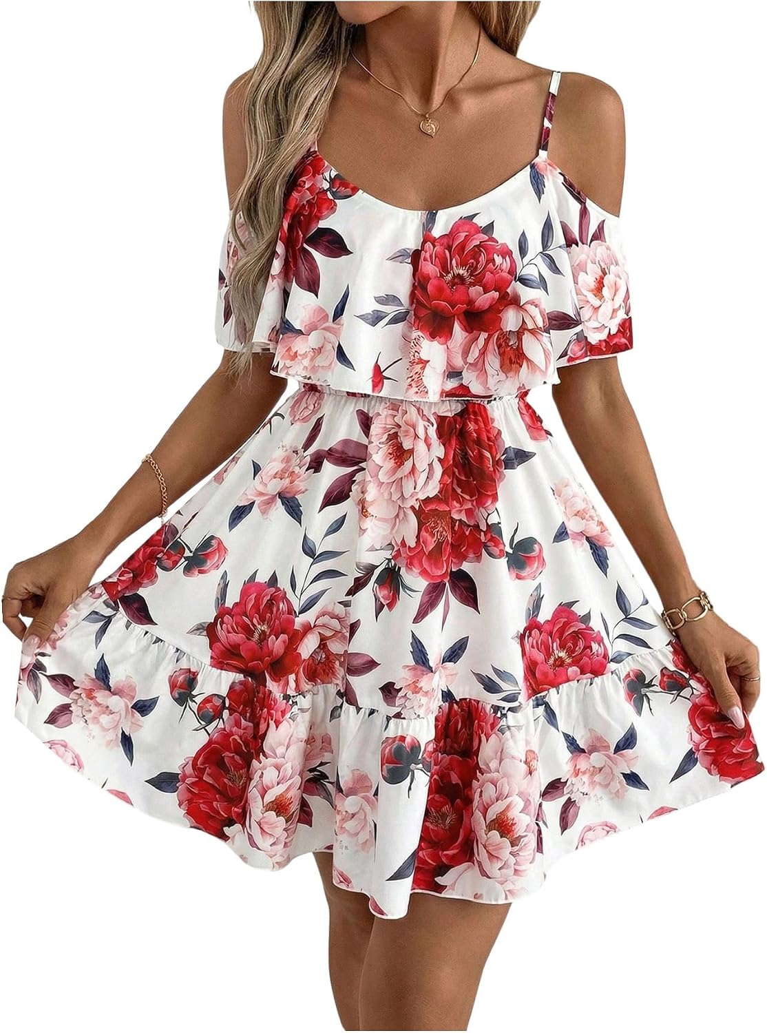 SOLY HUX Women's Summer Floral Mini Dress Cold Shoulder Ruffle Dresses | Boho, Short Sleeve, A Line, Vacation, Sundress
