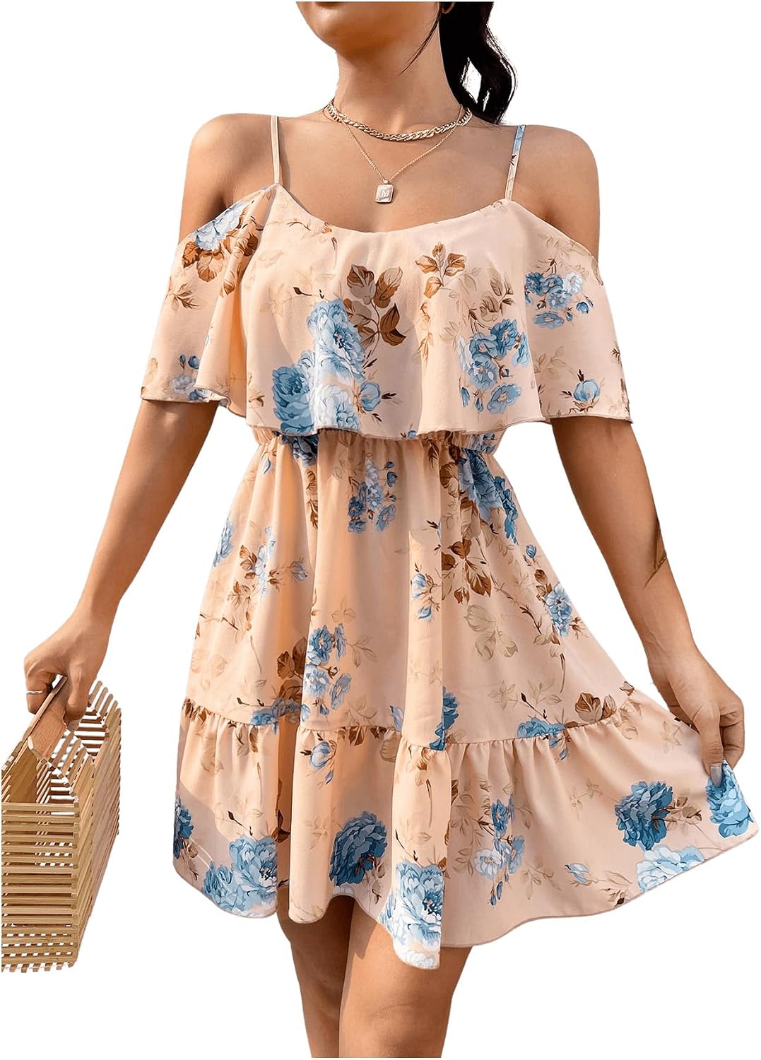SOLY HUX Women's Summer Floral Mini Dress Cold Shoulder Ruffle Dresses | Boho, Short Sleeve, A Line, Vacation, Sundress