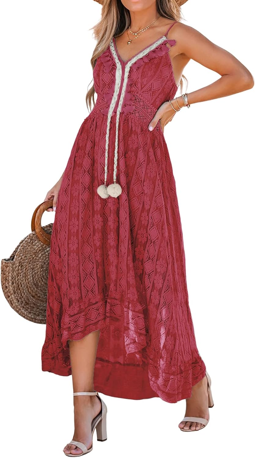CUPSHE Womens Lace Summer Maxi Dresses 2026 Beach Wear | V Neck Spaghetti Straps Sundress, Tassel, Boho Pom Poms, Flowy Vacation Outfits, Resort Wear, Graduation Wedding Guest Looks