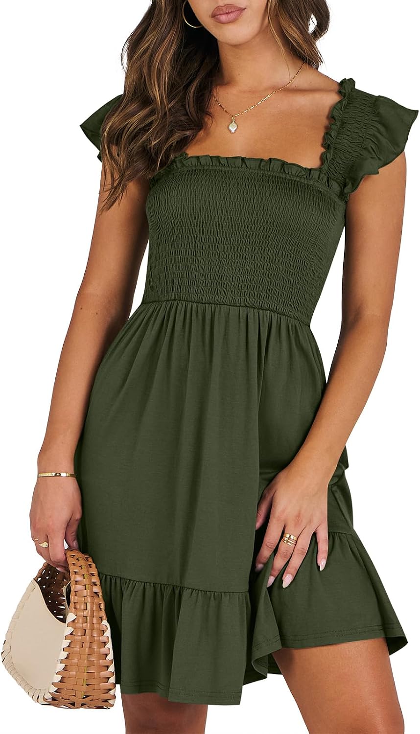 ANRABESS Womens Casual Summer Dress Boho Smocked Beach Cute Teen Sundress | Ruffle Backless Square Neck Sleeveless Short Dress, Slim Fit Tiered Floral Mini Dresses for Everyday, 2026 Vacation Outfits