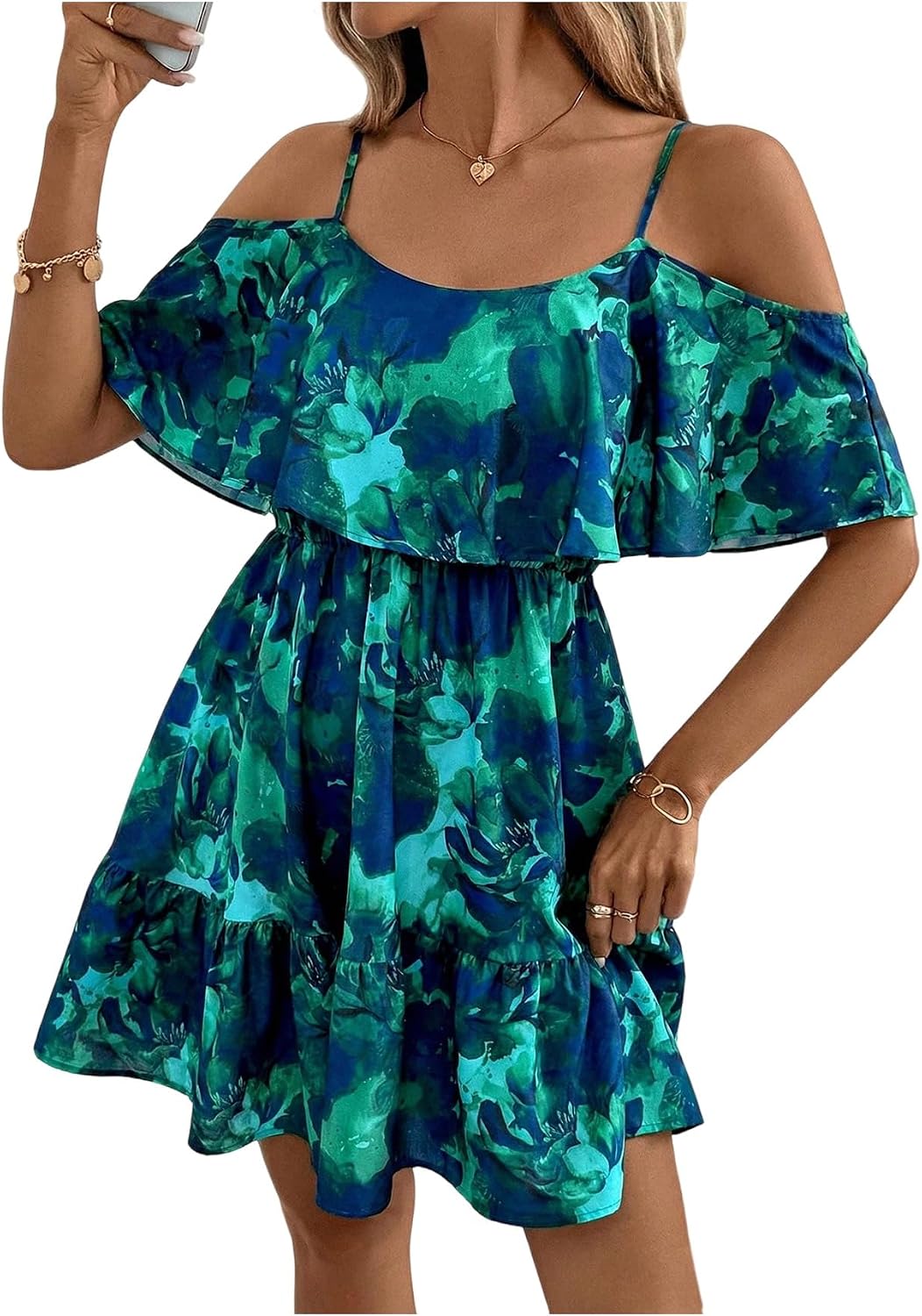 SOLY HUX Women's Summer Floral Mini Dress Cold Shoulder Ruffle Dresses | Boho, Short Sleeve, A Line, Vacation, Sundress