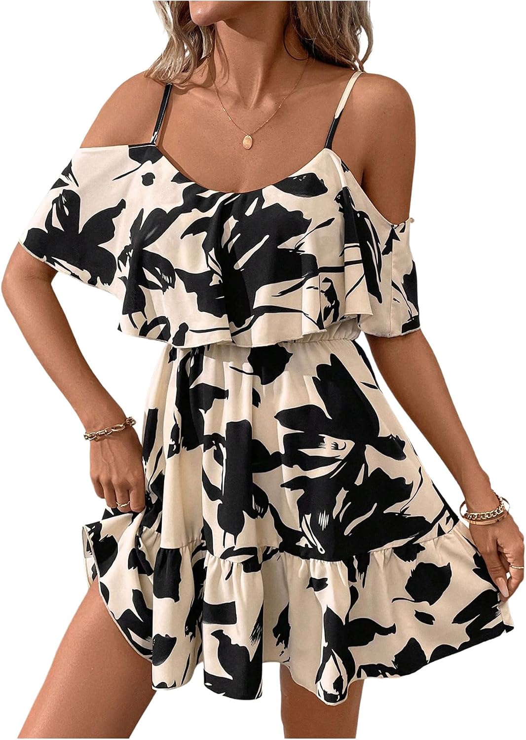 SOLY HUX Women's Summer Floral Mini Dress Cold Shoulder Ruffle Dresses | Boho, Short Sleeve, A Line, Vacation, Sundress