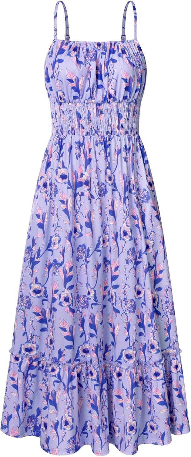 GRACE KARIN Summer Dresses for Women 2026 Vacation Boho Maxi Sundress | Casual, Smocked Waist, Floral Printed, Spaghetti Strap, Sleeveless, Beach Dresses With Pockets, Fashion Outfits