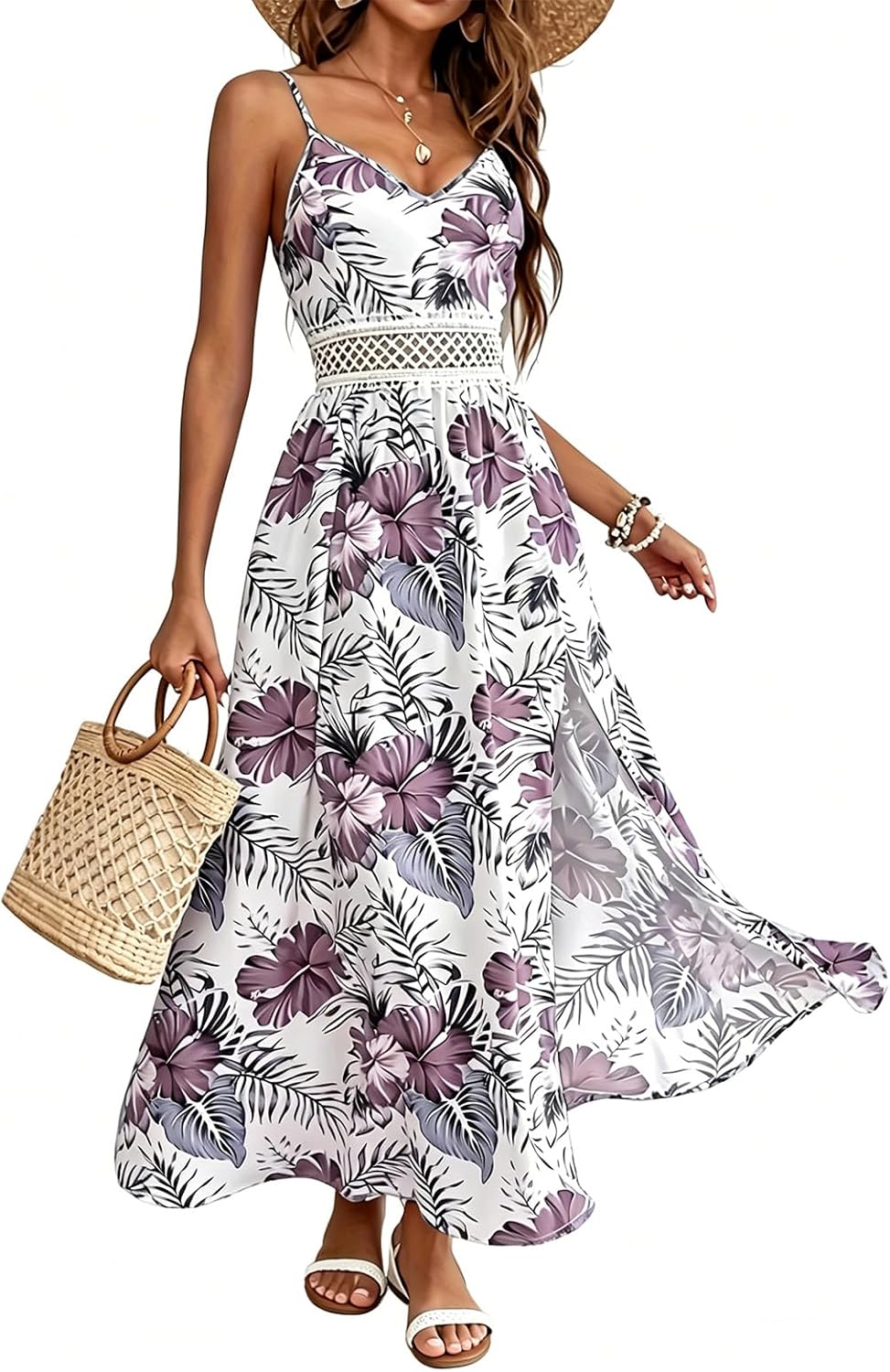 Women's Hawaiian Maxi Dresses Summer Sun Floral Sleeveless Vacation | V-Neck, Spaghetti Straps, Flowy, Boho, Resort, Beach