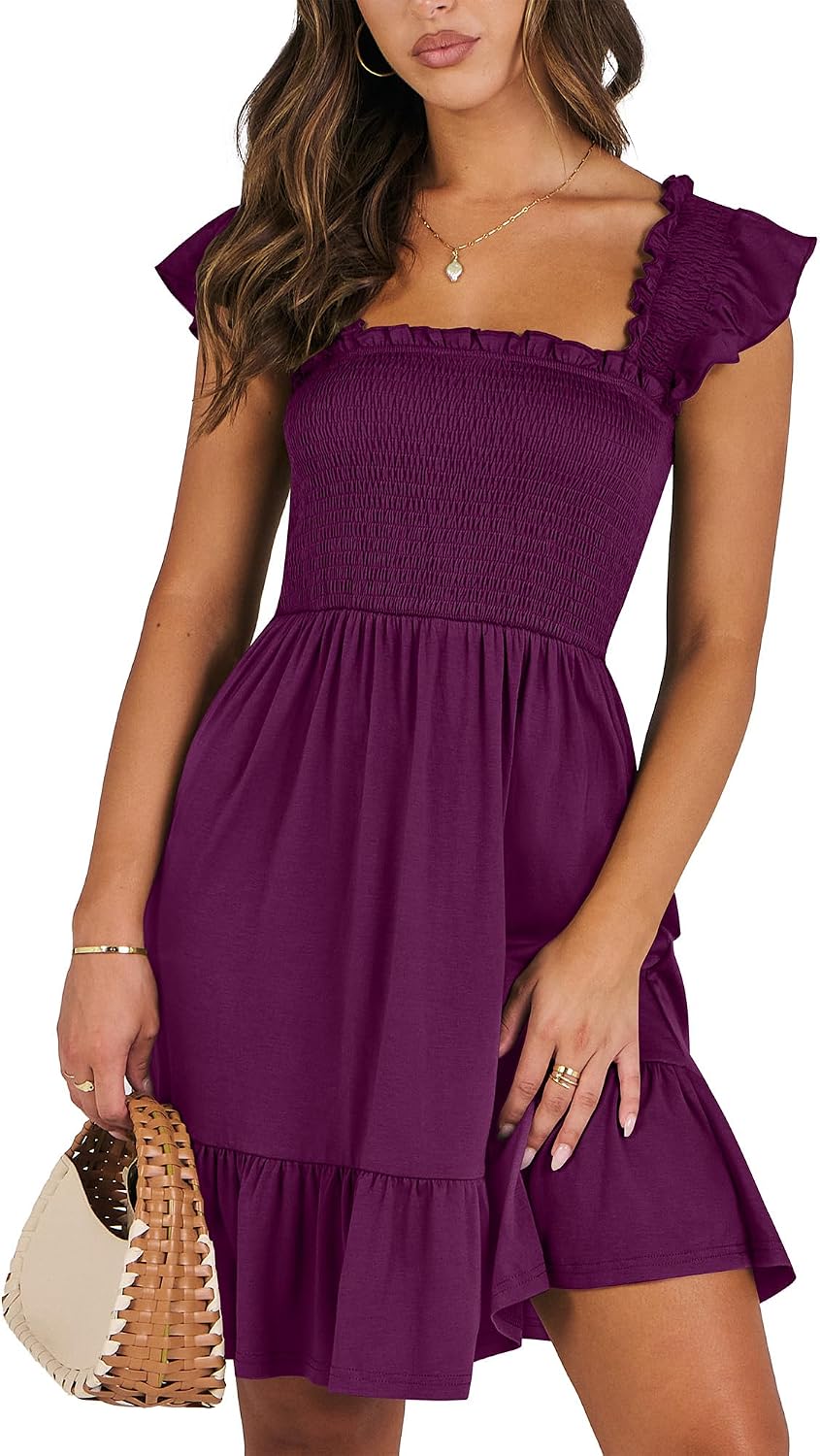 ANRABESS Womens Casual Summer Dress Boho Smocked Beach Cute Teen Sundress | Ruffle Backless Square Neck Sleeveless Short Dress, Slim Fit Tiered Floral Mini Dresses for Everyday, 2026 Vacation Outfits