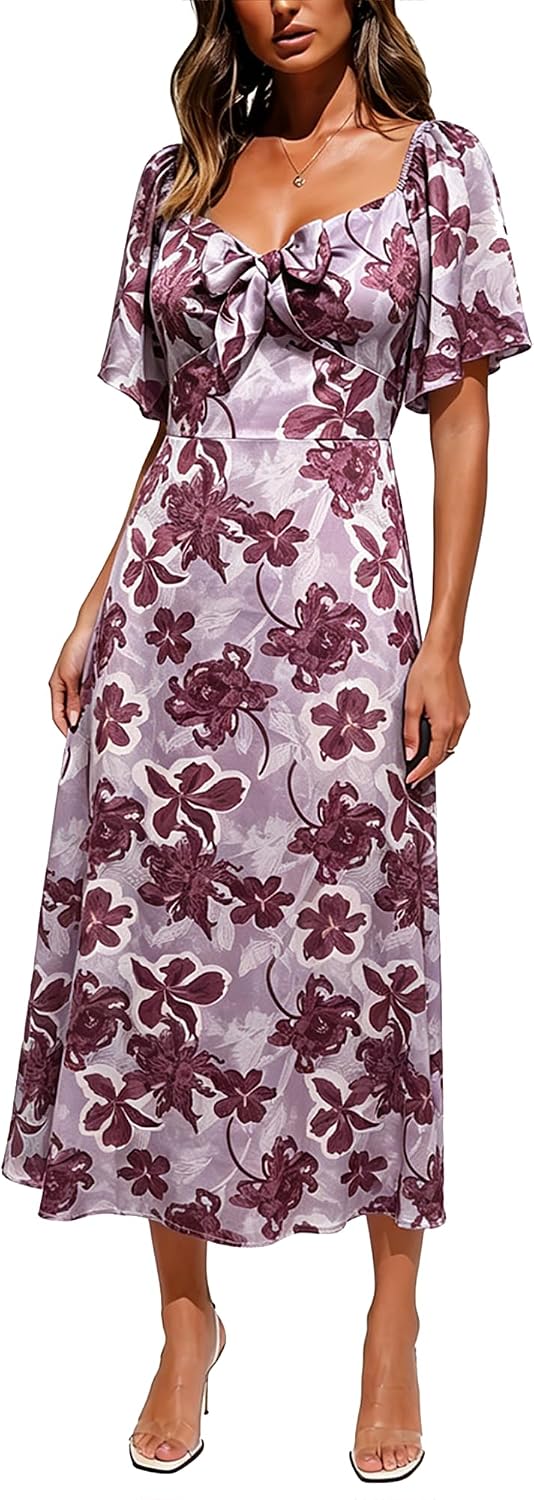 Fashionme 2026 Maxi Dress Women Satin Elegant Floral Tie Front Cap Sleeve | Summer Elegant Smocked Dress,Deep V Neck,Casual Sun Dress,Wedding Guest Graduation Vacation Beach Tea Party, XS-3XL