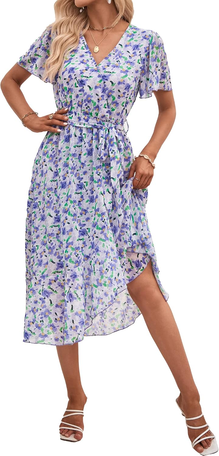PRETTYGARDEN Women's Summer Floral Boho Maxi Dress | Short Sleeve Wrap V Neck, Long Flowy Ruffle Dresses, Spring Wedding Guest Outfits for Beach Vacation, Resort Wear, Tea Party
