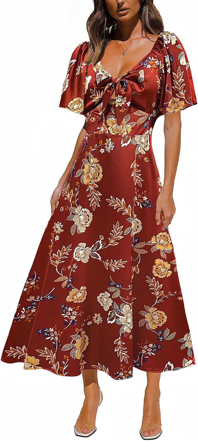 Fashionme 2026 Maxi Dress Women Satin Elegant Floral Tie Front Cap Sleeve | Summer Elegant Smocked Dress,Deep V Neck,Casual Sun Dress,Wedding Guest Graduation Vacation Beach Tea Party, XS-3XL