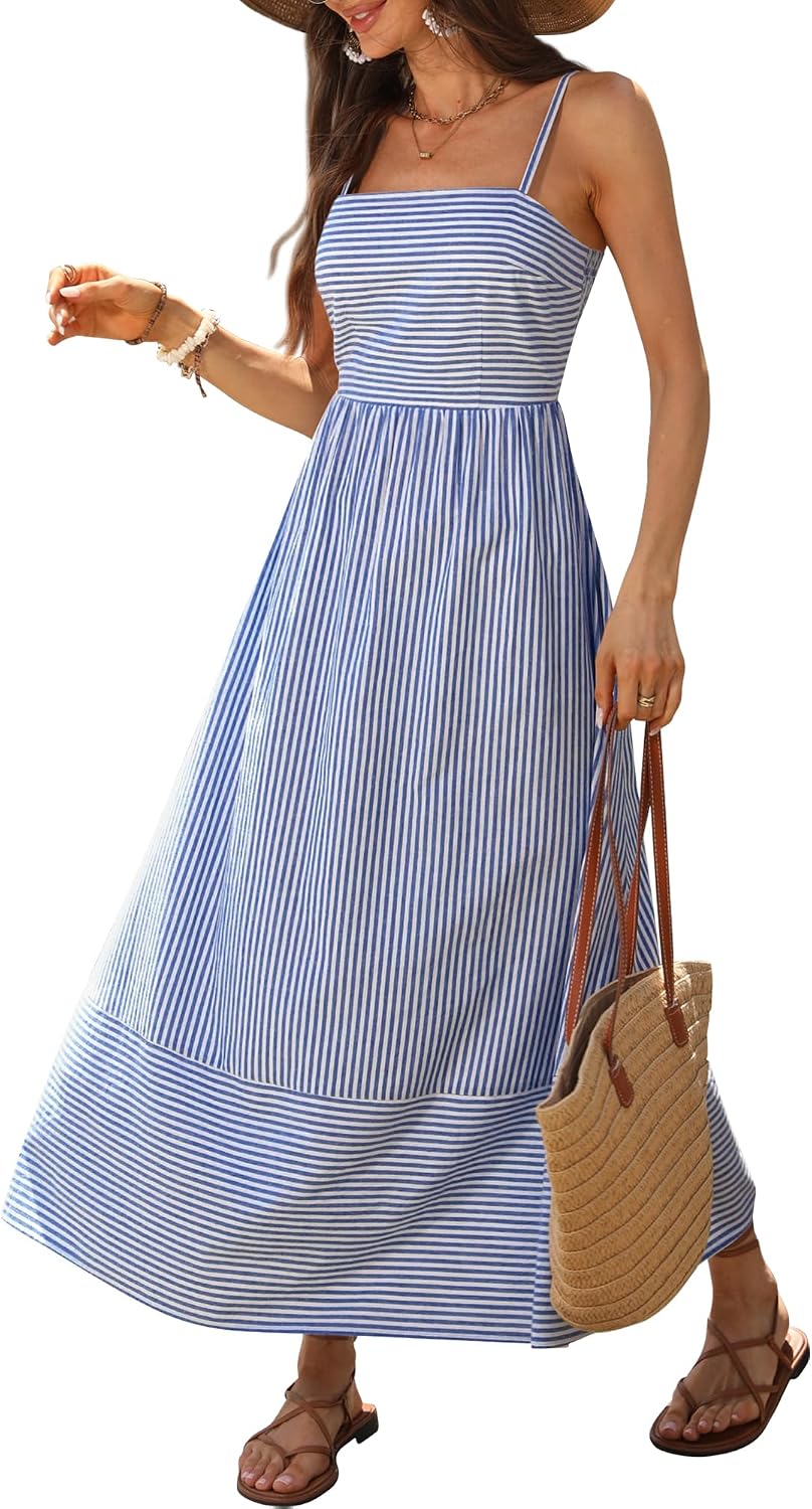 Caracilia Womens Maxi Dresses Gingham Summer Beach Outfits | Spaghetti Strap Back Smocked Cut Out, Flowy Long Sundress, Cute Travel Vacation Picnic Dress Fashion Clothes