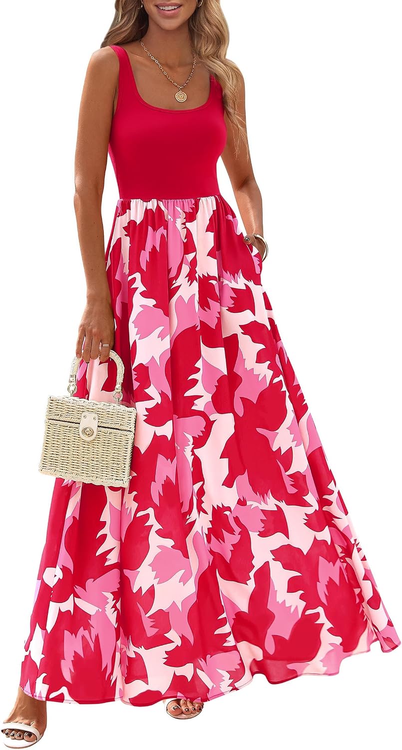 KIRUNDO Women's Summer Maxi Dress Boho Floral Long Sundress | Sleeveless Scoop Neck Tank, Flowy A Line, Bohemian Hawaiian Style Tropical Dresses Pockets, Beach Vacation Cruise Resort Wear