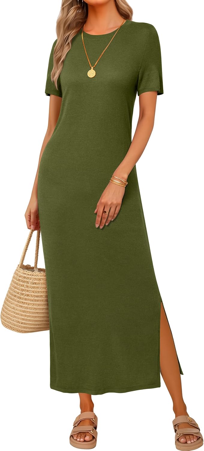 Arach&Cloz Women's Wool Blend Fall Business Casual T Shirts Maxi Dress | Soft Wool Blend, Medium Stretch & Thickness,Crew Neck short Sleeve Maxi Dress With side Slit fits,Casual And All Occasions