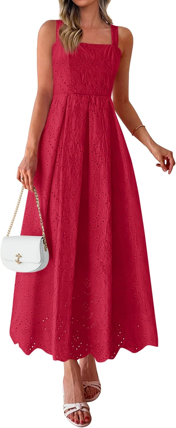 PRETTYGARDEN Womens Sleeveless Eyelet Summer Dresses Pockets | Hollow Out Embroidered Cotton,Adjustable Straps,Square Neck Ruffle Maxi Dress,Smocked back,Flowy Beach Vacation Sundress