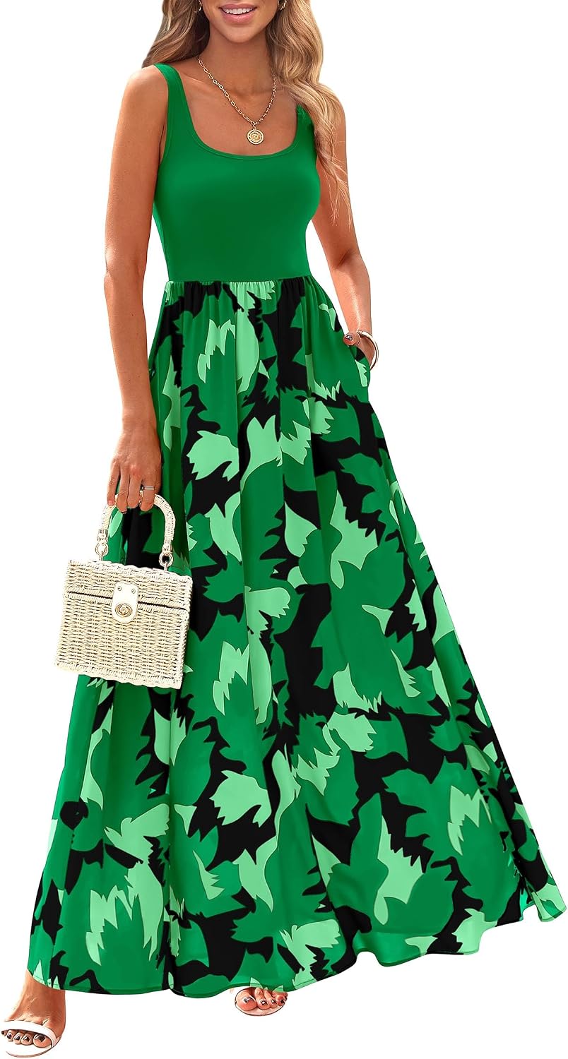 KIRUNDO Women's Summer Maxi Dress Boho Floral Long Sundress | Sleeveless Scoop Neck Tank, Flowy A Line, Bohemian Hawaiian Style Tropical Dresses Pockets, Beach Vacation Cruise Resort Wear