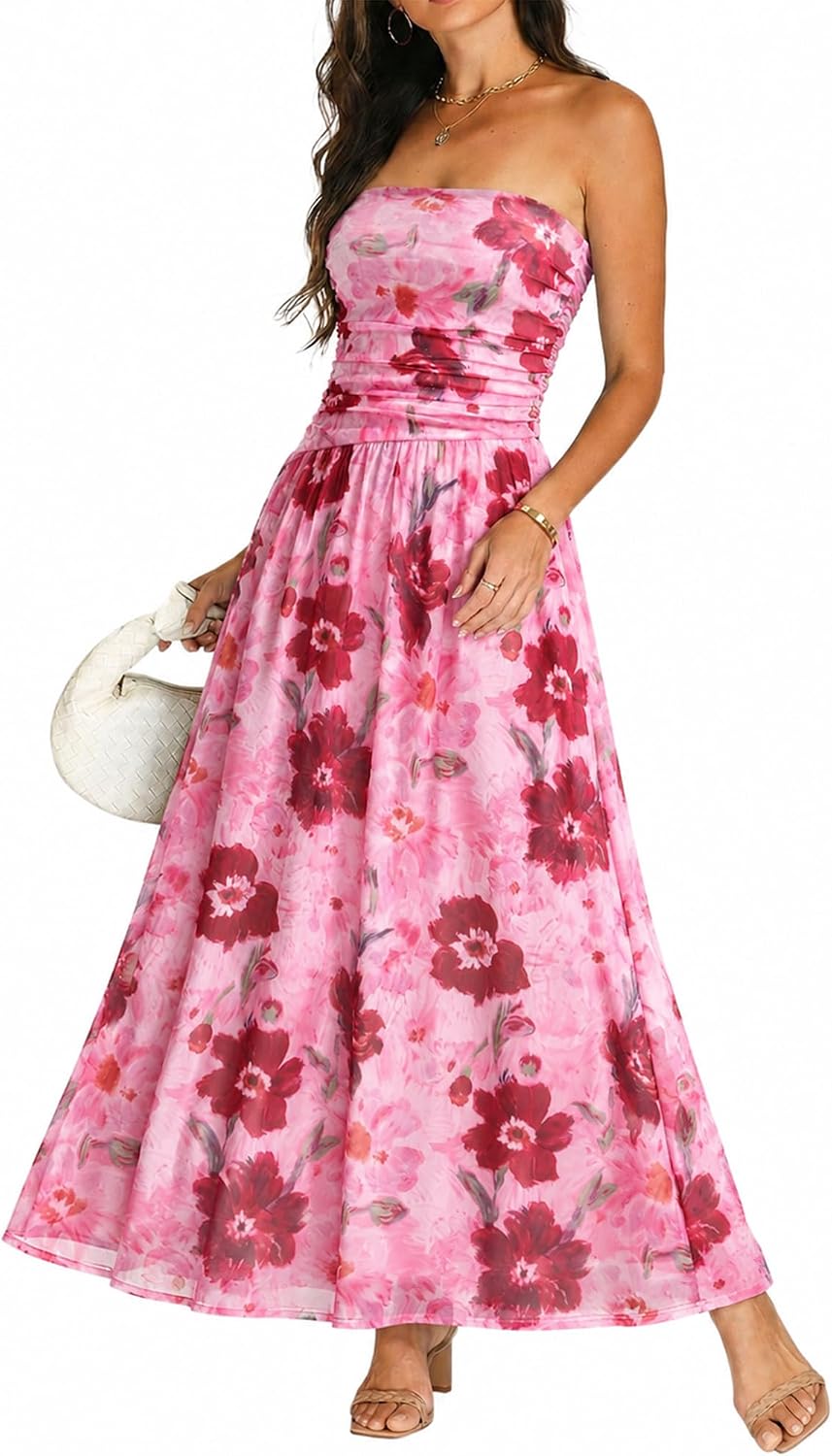 OULESIS Floral Wedding Guest Dresses for Women Mesh Long Flowy Formal Dress | Summer Floral Wedding Guest Maxi Dress for Women Strapless Tube Long Dresses Mesh Flowy Vacation Cocktail Dresses