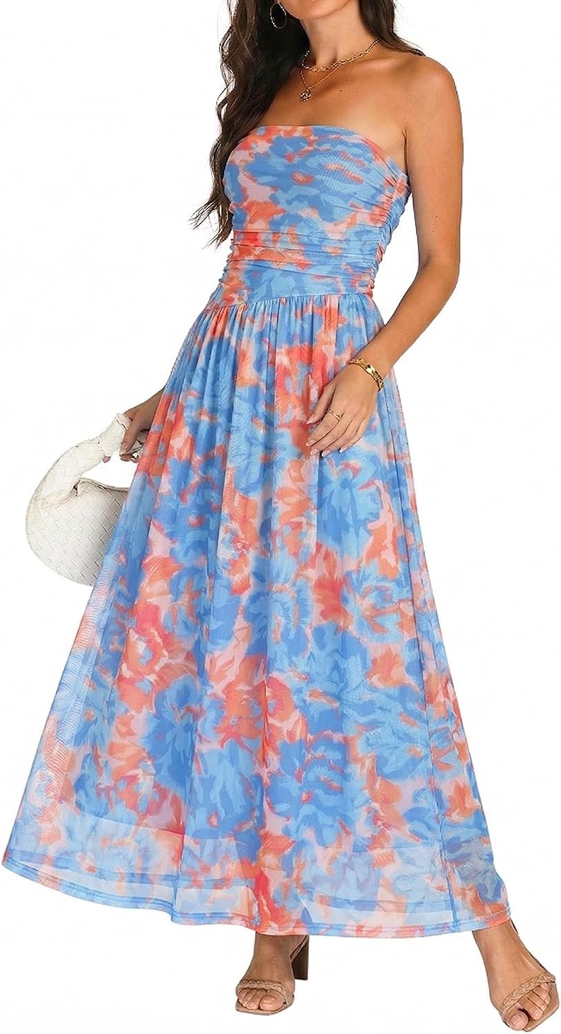 OULESIS Floral Wedding Guest Dresses for Women Mesh Long Flowy Formal Dress | Summer Floral Wedding Guest Maxi Dress for Women Strapless Tube Long Dresses Mesh Flowy Vacation Cocktail Dresses