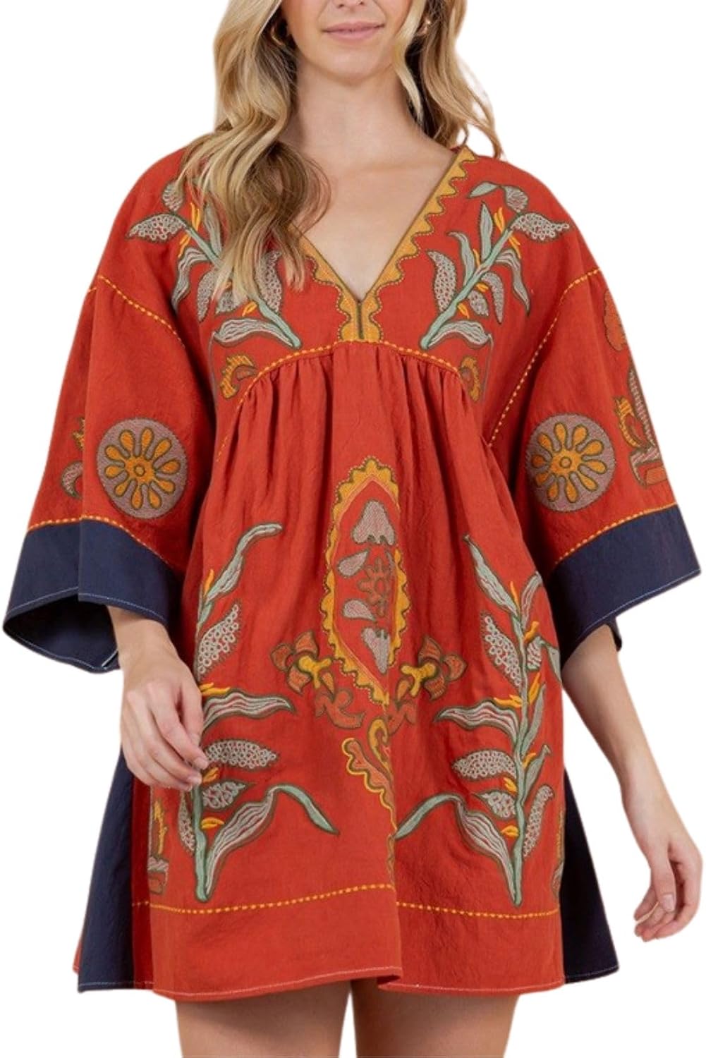 Joiemont Womens Oversized Embroidered Dress with V-Neck and 3\/4 Sleeves Vintage Embroidery Babydoll Dress