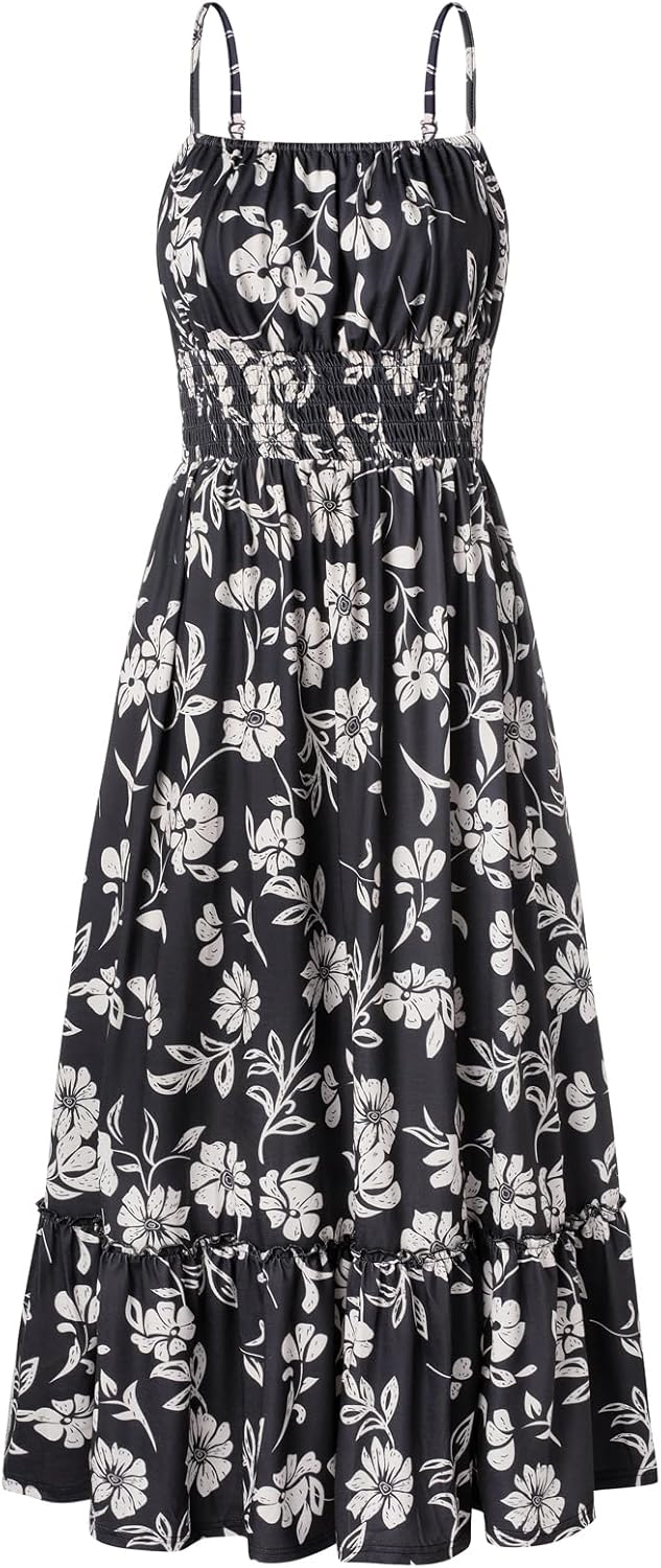 GRACE KARIN Summer Dresses for Women 2026 Vacation Boho Maxi Sundress | Casual, Smocked Waist, Floral Printed, Spaghetti Strap, Sleeveless, Beach Dresses With Pockets, Fashion Outfits