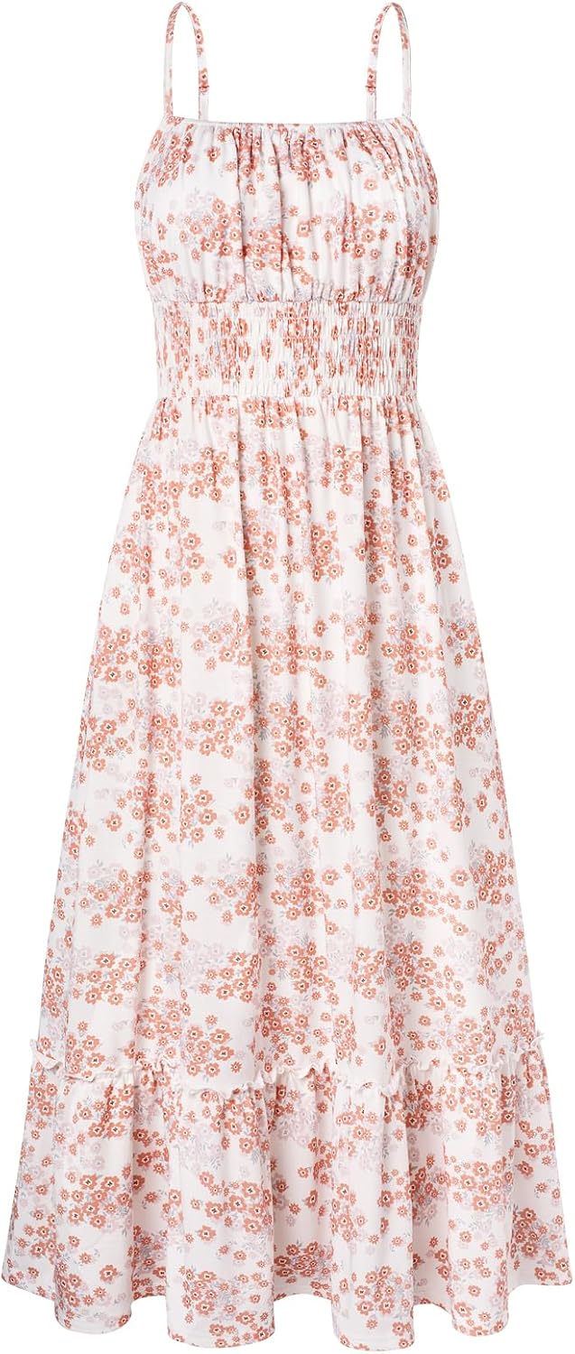 GRACE KARIN Summer Dresses for Women 2026 Vacation Boho Maxi Sundress | Casual, Smocked Waist, Floral Printed, Spaghetti Strap, Sleeveless, Beach Dresses With Pockets, Fashion Outfits