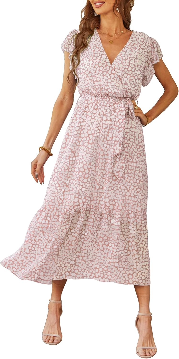 PRETTYGARDEN Women's Summer Floral Boho Maxi Dress | Short Sleeve Wrap V Neck, Long Flowy Ruffle Dresses, Spring Wedding Guest Outfits for Beach Vacation, Resort Wear, Tea Party