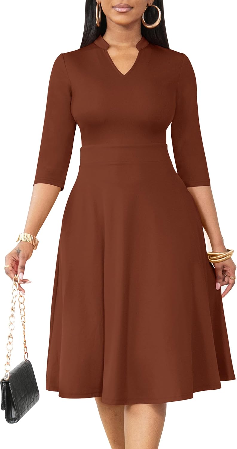 Nmoder Casual Dresses for Women Stand Collar Church Fit and Flare Dress | A-line fit with elegant stand collar, hidden pockets and zipper, ideal for work cocktail wedding guest